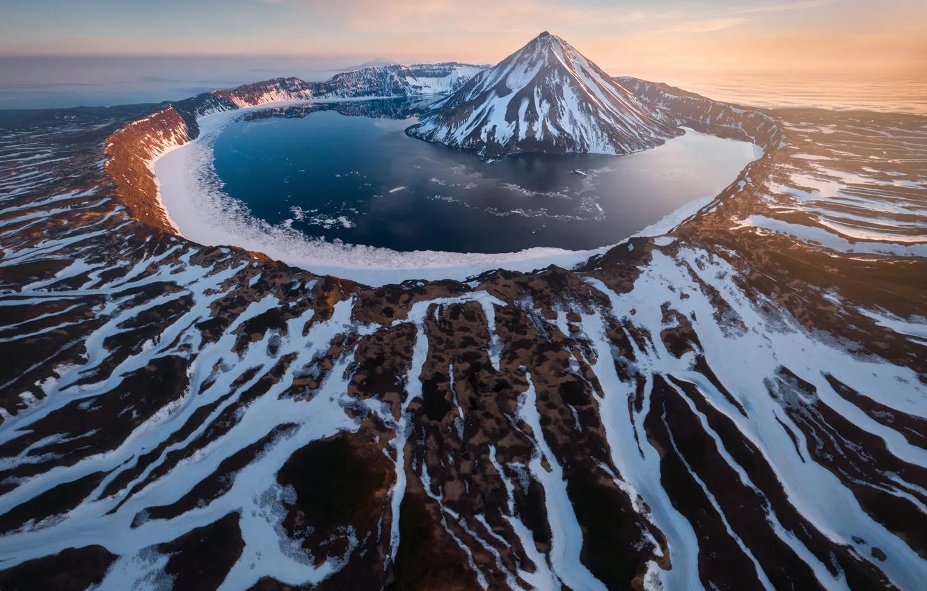 Photo wallpaper water, snow, landscape, nature, aerial, Alexander Kukanov, Onekotan's Heart, Krenitsina Volcano