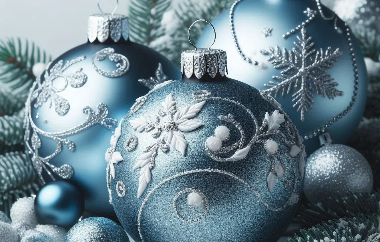 Photo wallpaper balls, snowflakes, branches, balls, patterns, curls, silver, Shine