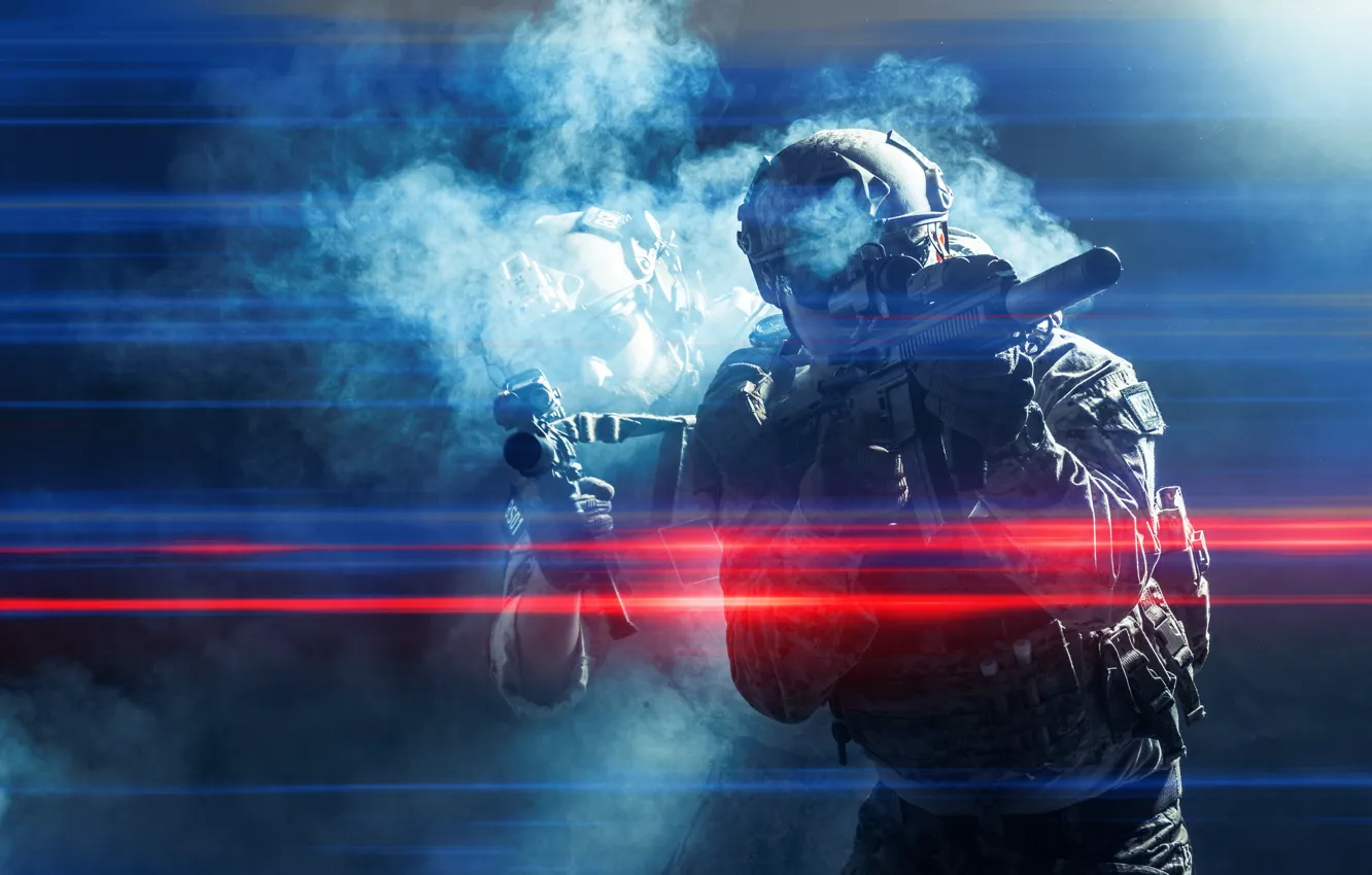 Photo wallpaper soldiers, smoke, Assault Rifles, lights effect