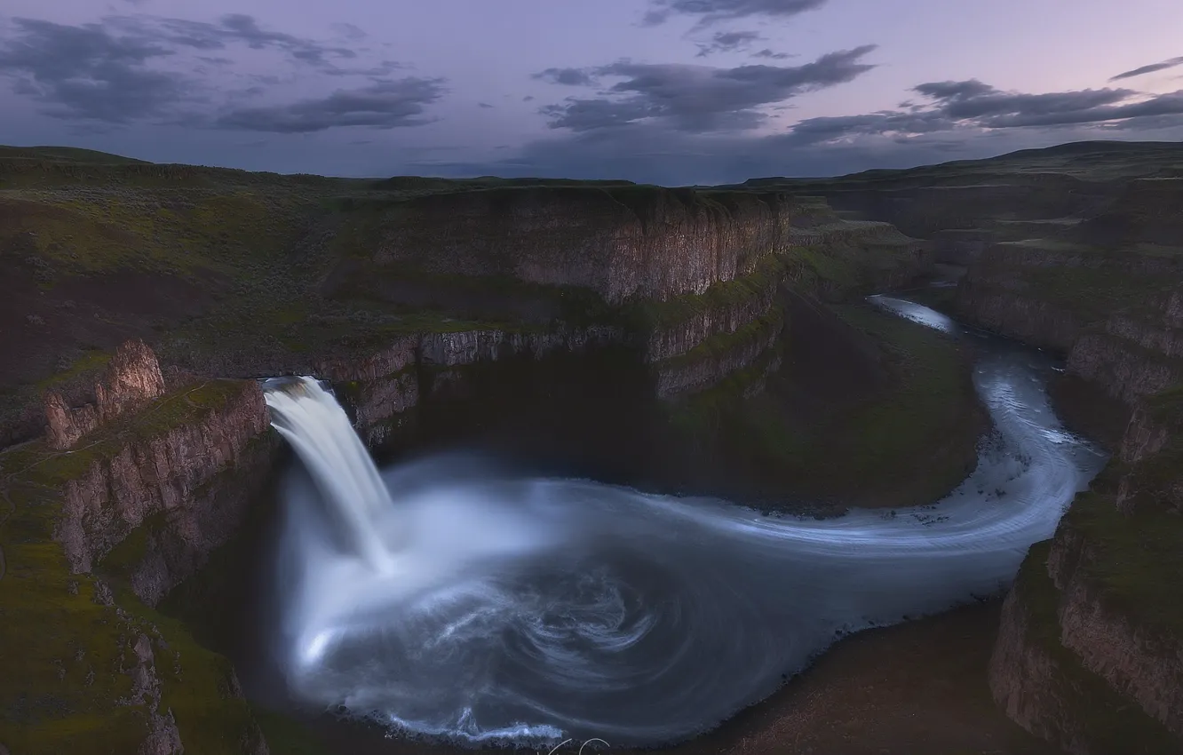 Photo wallpaper the sky, clouds, river, waterfall, canyon