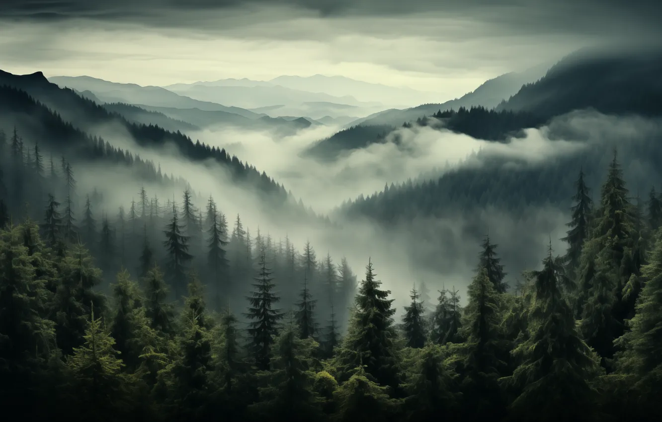 Photo wallpaper forest, landscape, mist, AI Art