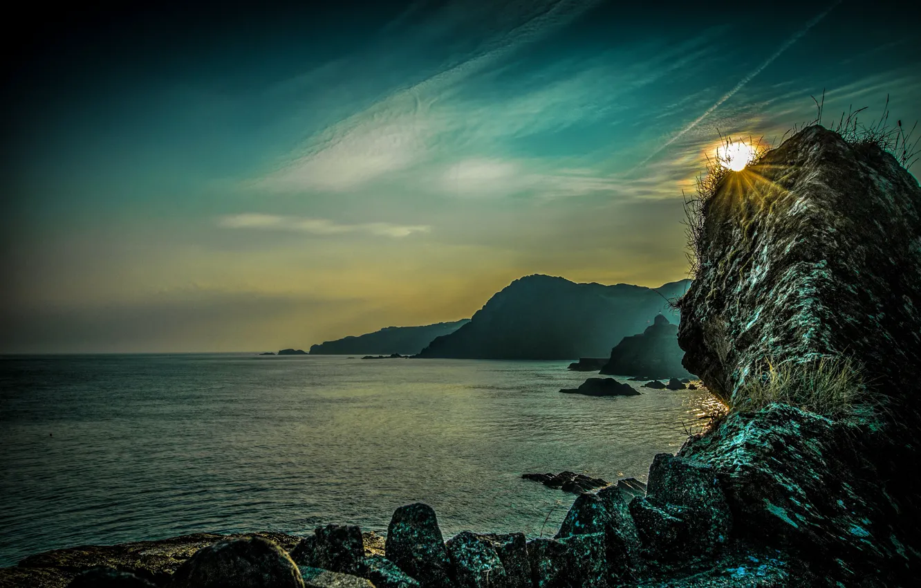 Photo wallpaper sea, sunset, stones, rocks, coast, England, Ilfracombe