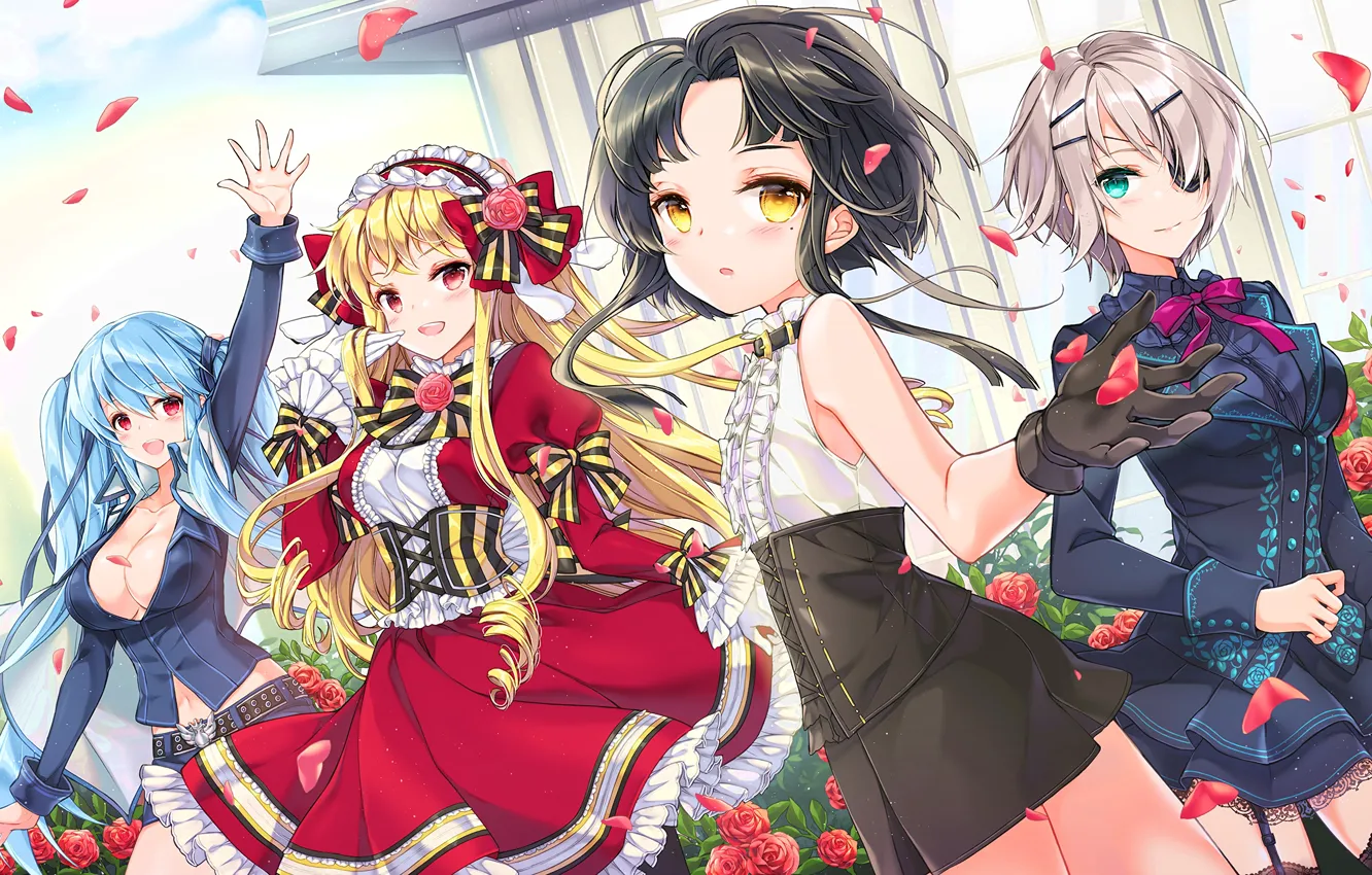 Photo wallpaper sexy, cleavage, blouse, thighhighs, green eyes, long hair, dress, girls