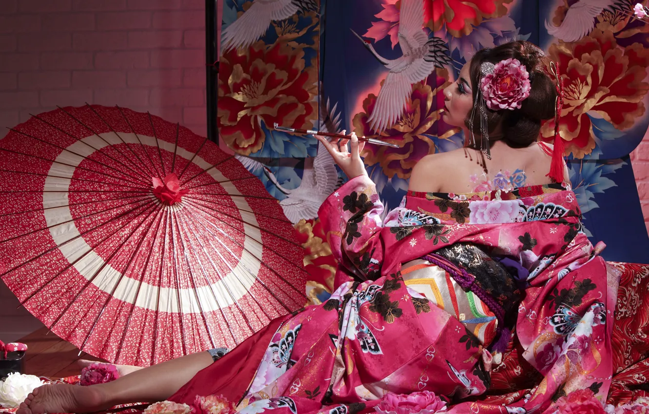 Photo wallpaper pose, style, umbrella, Japanese, tube, geisha, kimono, Asian