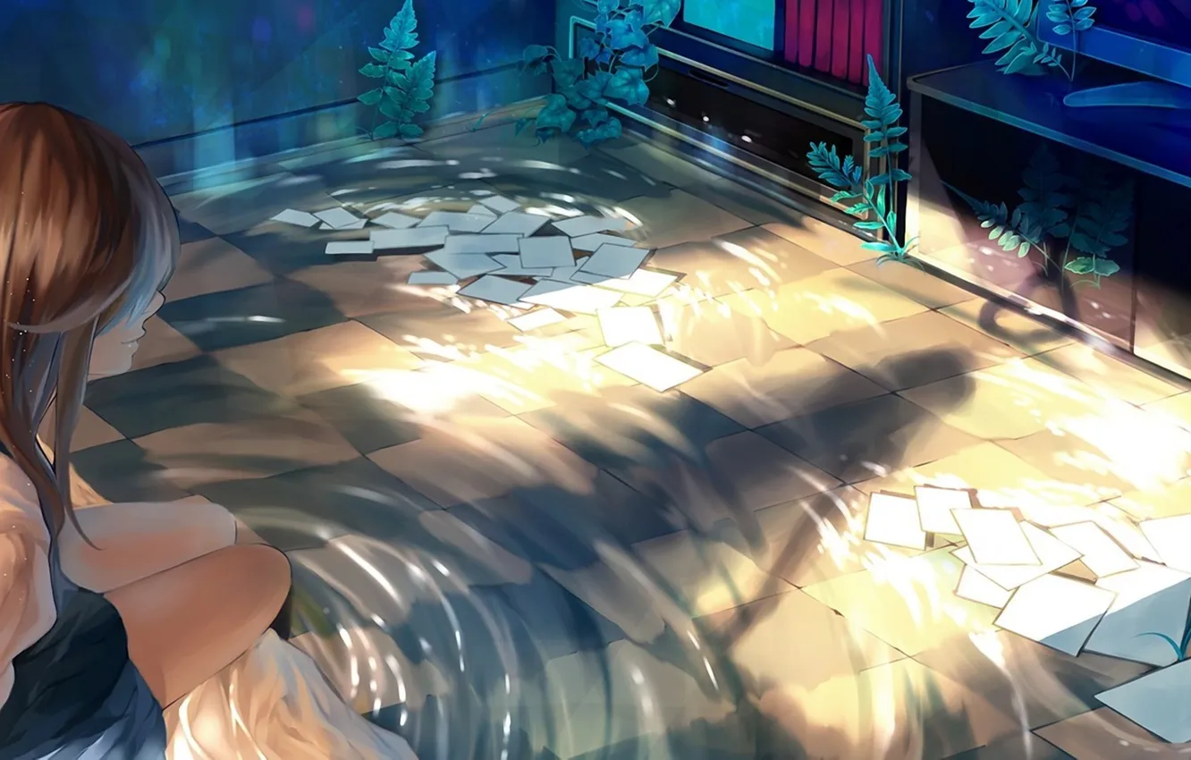 Photo wallpaper water, girl, paper, room, plant, art, the flood, b_62_EM