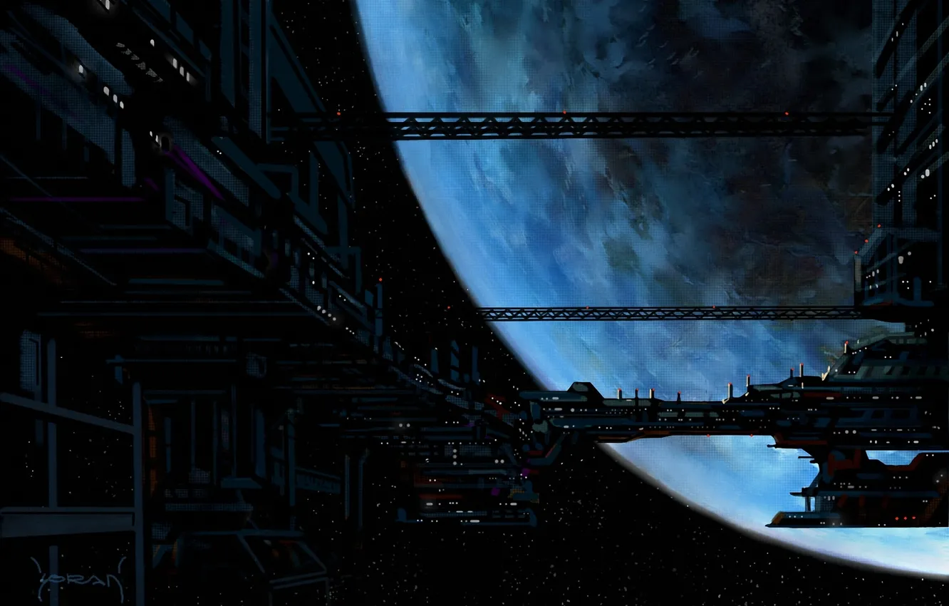 Photo wallpaper space, ship, planet, station, art