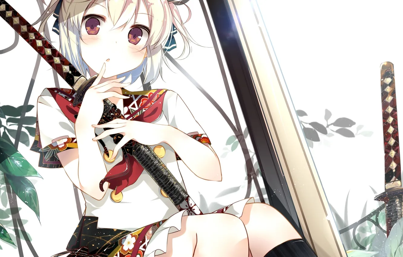 Photo wallpaper girl, weapons, plant, katana, anime, art, nmaaaaa