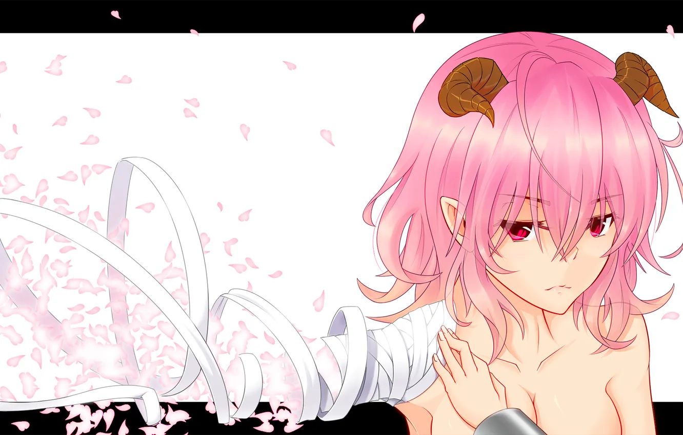 Photo wallpaper girl, petals, Sakura, art, horns, touhou, bandages, film project kasen
