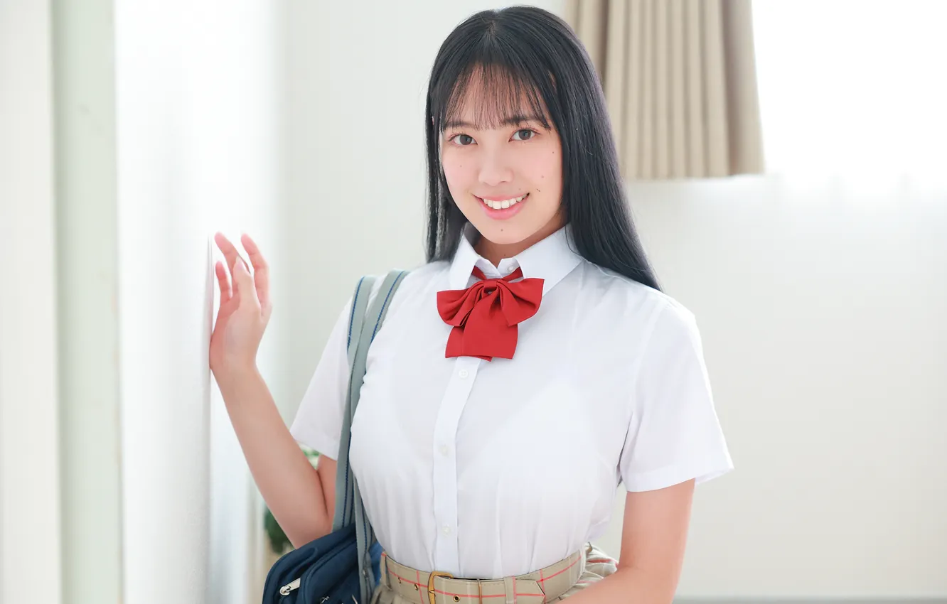 Photo wallpaper wall, woman, smile, beautiful, model, pretty, asian, bag