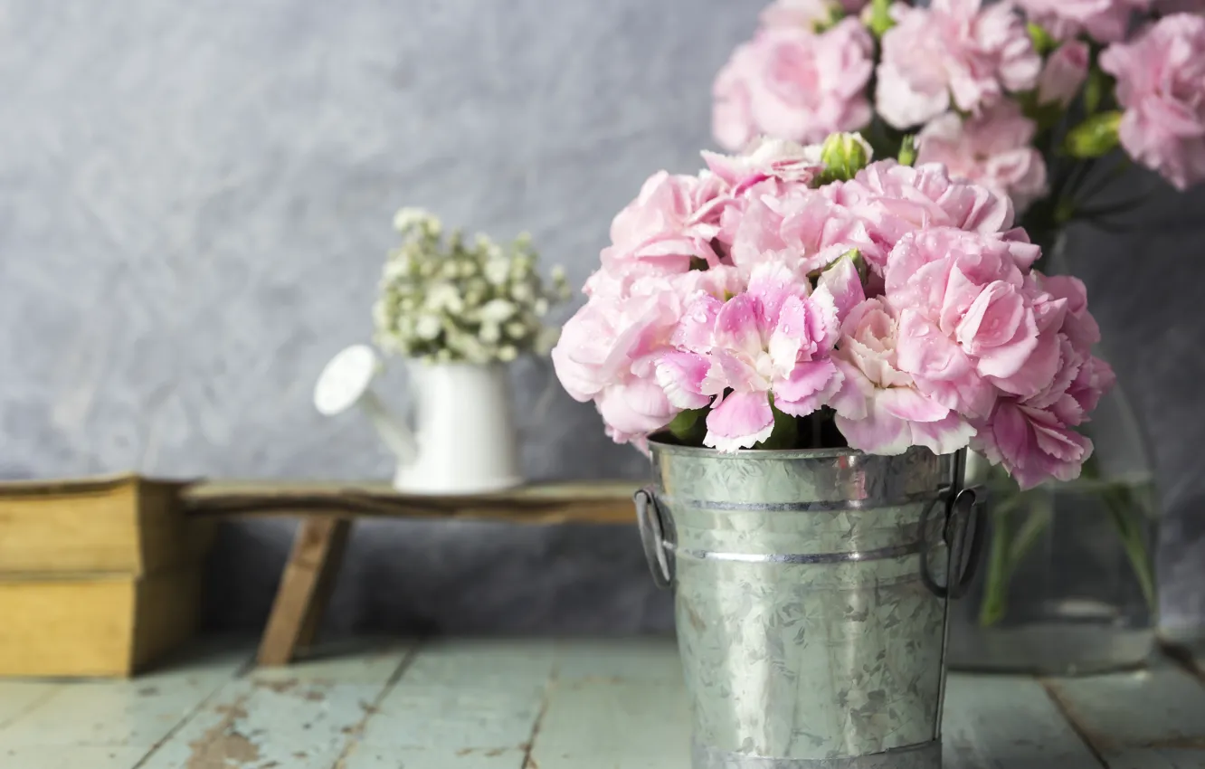 Photo wallpaper flowers, petals, bucket, pink, vintage, wood, pink, flowers