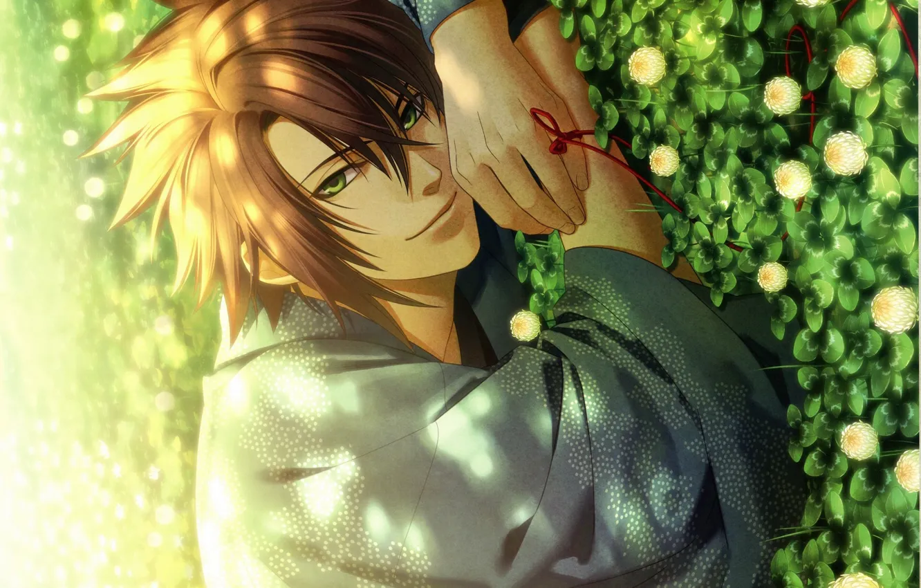 Photo wallpaper guy, on the grass, green eyes, hakuouki shinsengumi kitano, okita souji, the legend of the …
