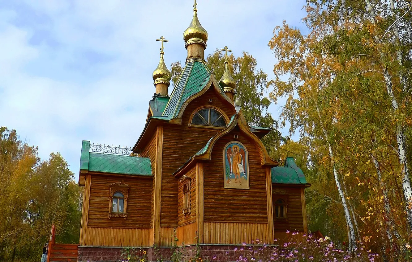 Photo wallpaper autumn, forest, nature, forest, chapel, nature, autumn, Omsk