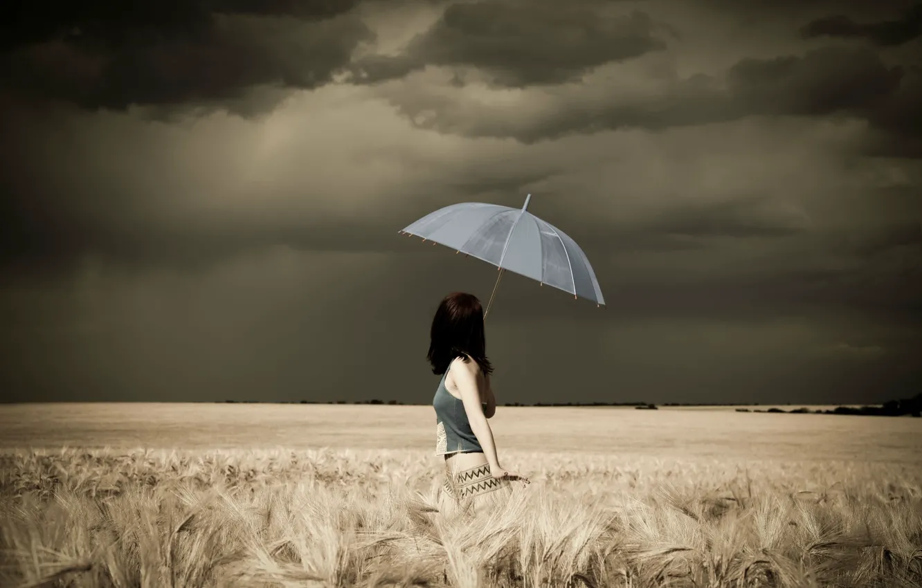 Photo wallpaper the storm, field, Girl, umbrella