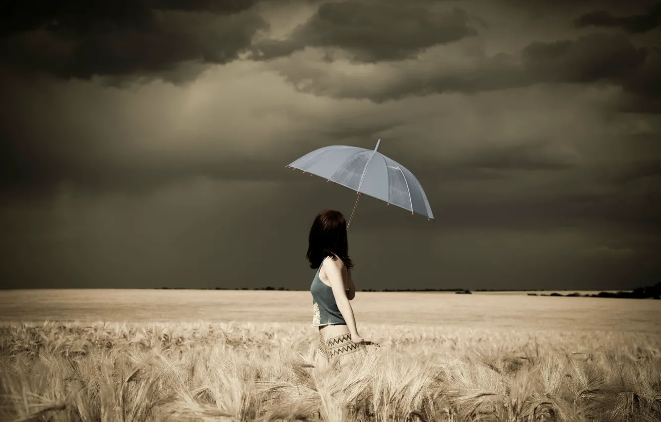 Photo wallpaper the storm, field, girl, umbrella