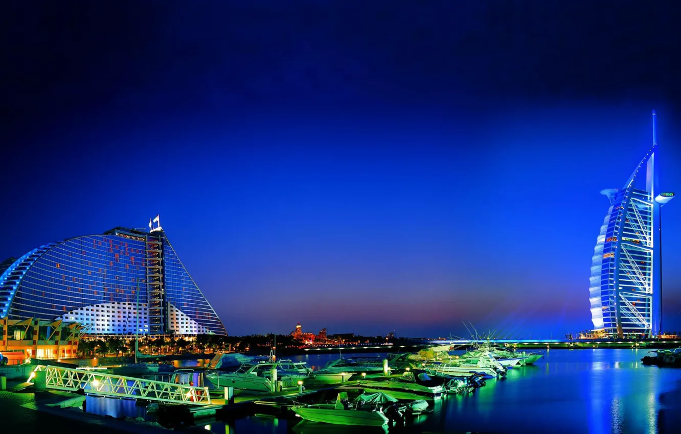 Photo wallpaper Dubai, twilight, evening, Burj Al Arab, boats, Jumeirah Beach Hotel