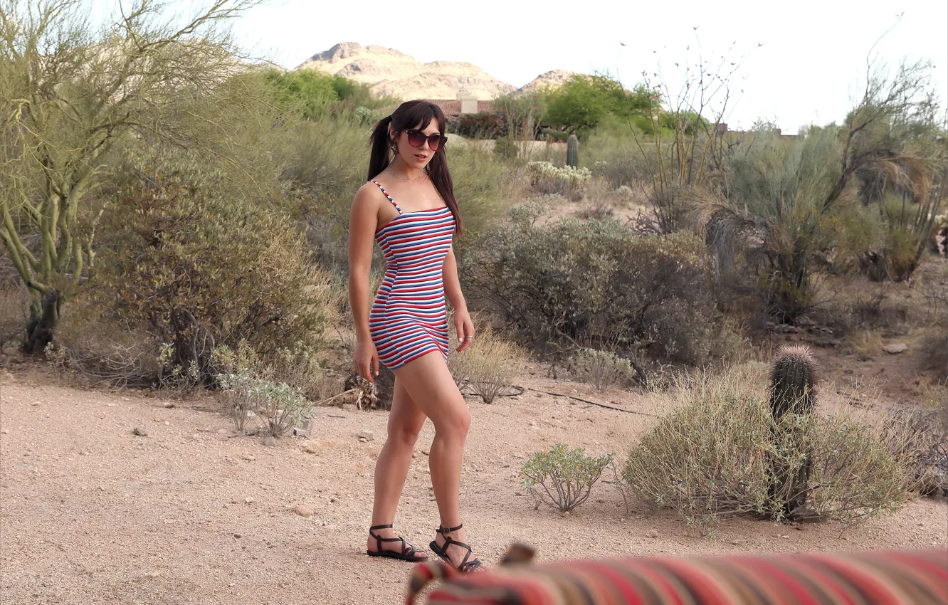 Photo wallpaper red, white, hot girl, desert, brown hair, blue, stripes, tree