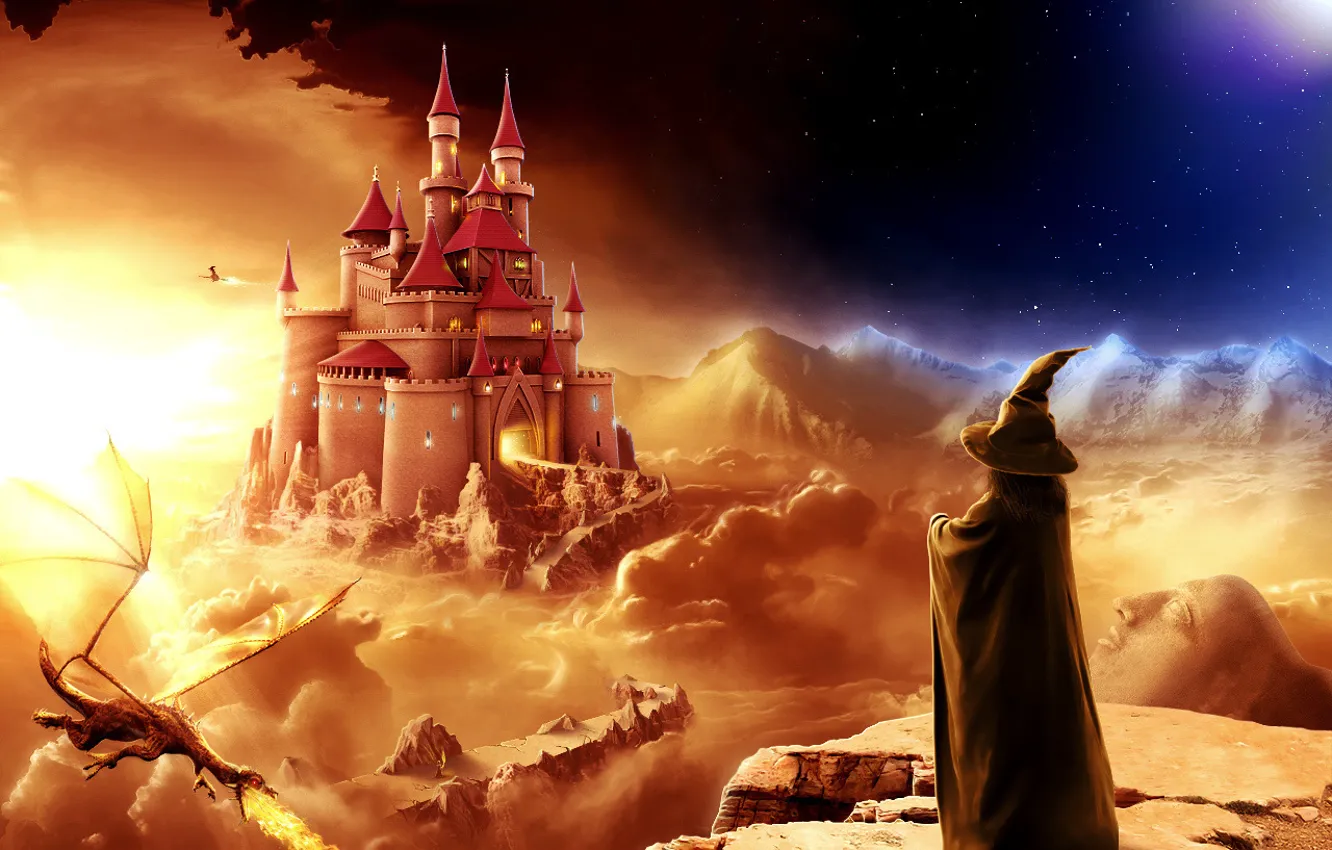 Photo wallpaper fantasy, castle, dragon, the evening, MAG