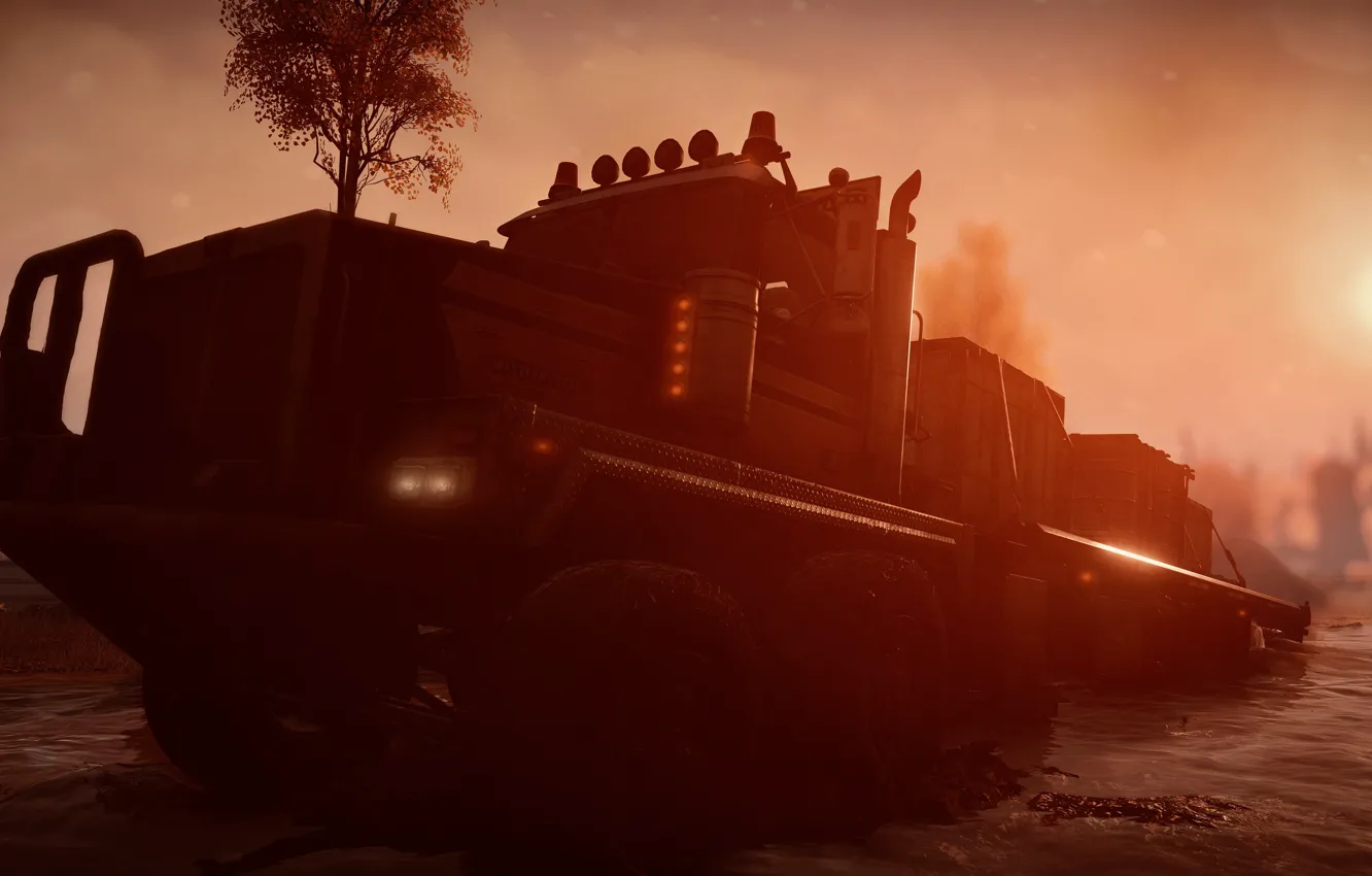 Photo wallpaper HDR, sunshine, game, water, tree, sunrise, truck, Michigan