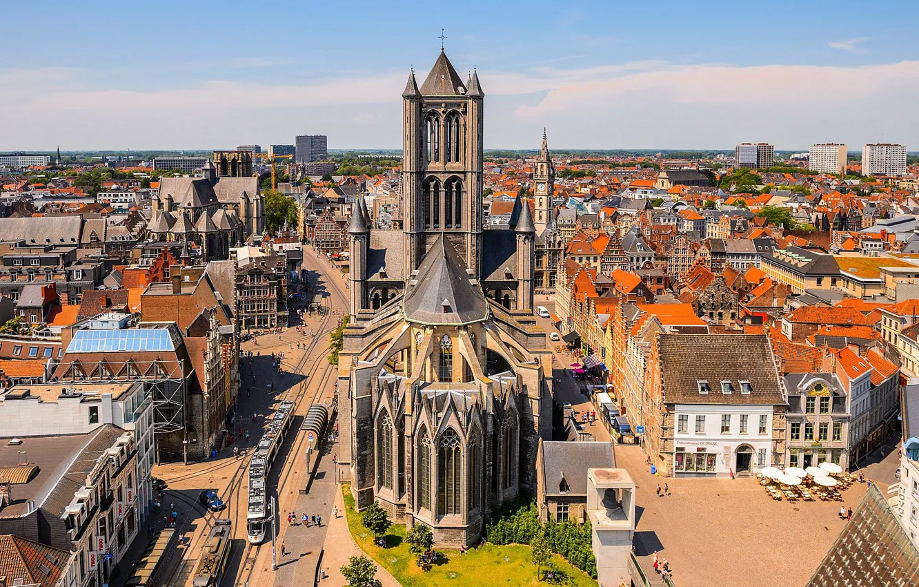 Photo wallpaper Gothic, street, home, Belgium, Ghent, The Church Of St. Nicholas, Saint Nicholas Church