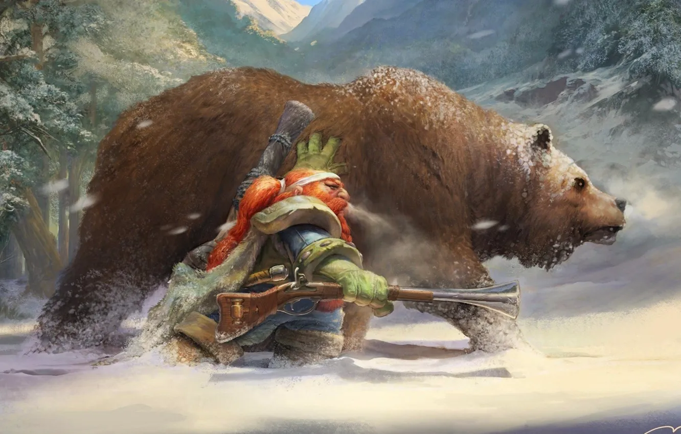 Photo wallpaper winter, bear, dwarf, musket