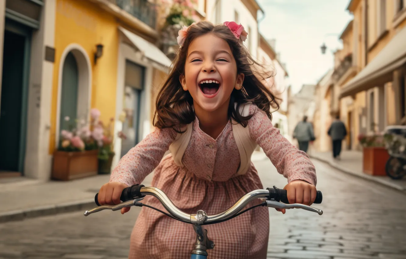 Photo wallpaper joy, bike, the city, street, home, girl, digital art, AI art