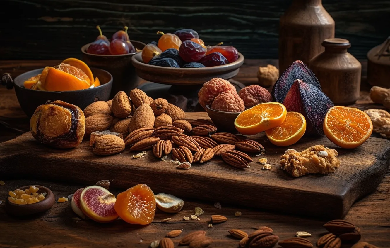 Photo wallpaper table, orange, food, bowl, fruit, nuts, still life, placer