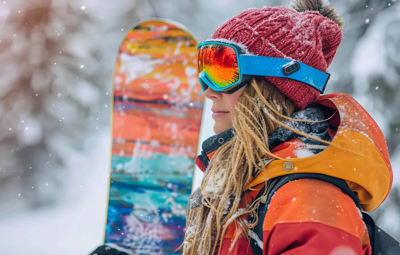 Photo wallpaper winter, girl, snow, nature, snowboard, sport, hat, glasses