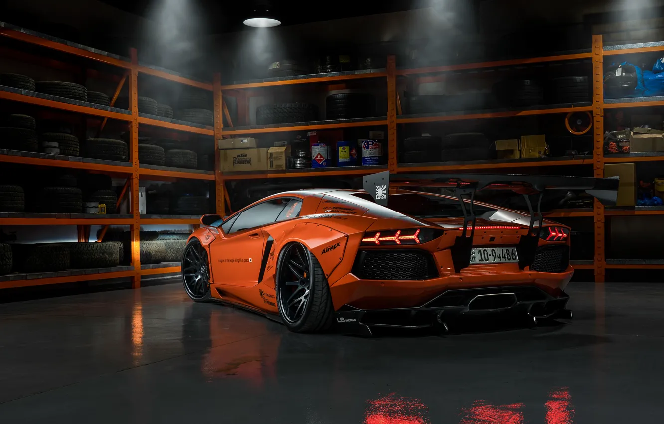 Photo wallpaper Lamborghini, tuning, garage, Aventador, Liberty Walk, LB Performance