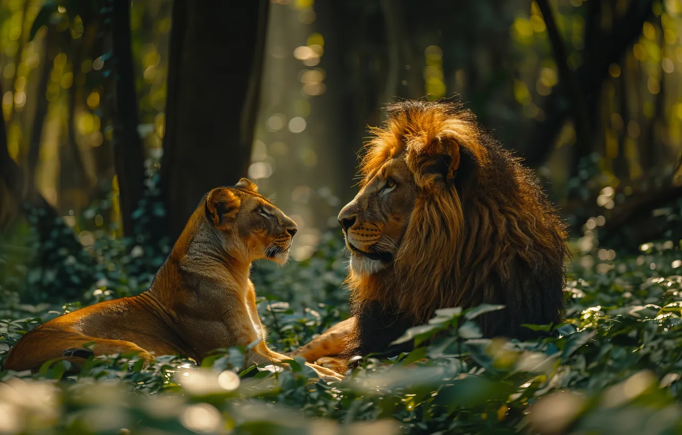 Photo wallpaper Trees, Lioness, Leo, Two, Digital art, Predators, Big Cats, AI art