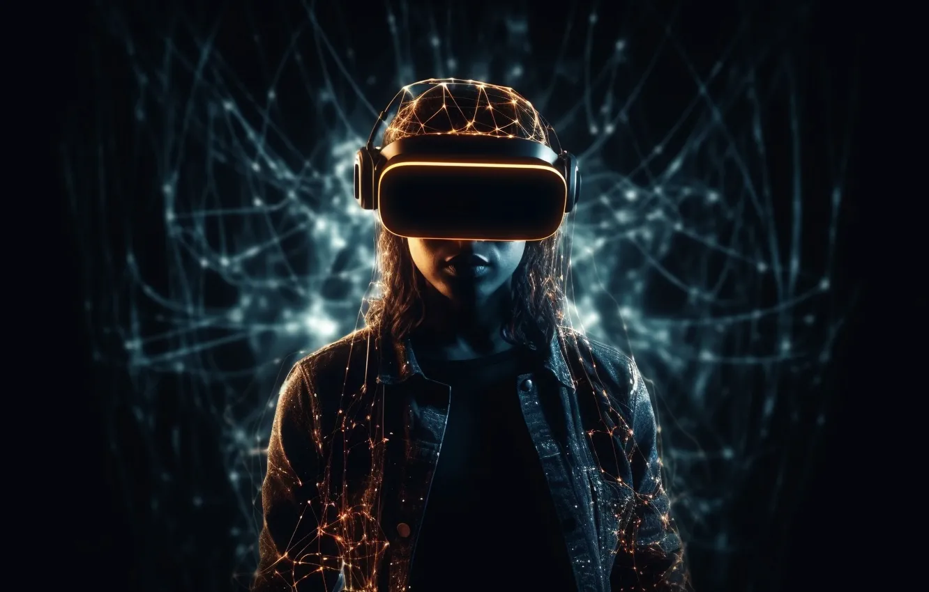 Photo wallpaper girl, technology, headphones, glasses, digital art, young girl, virtual reality, Video game