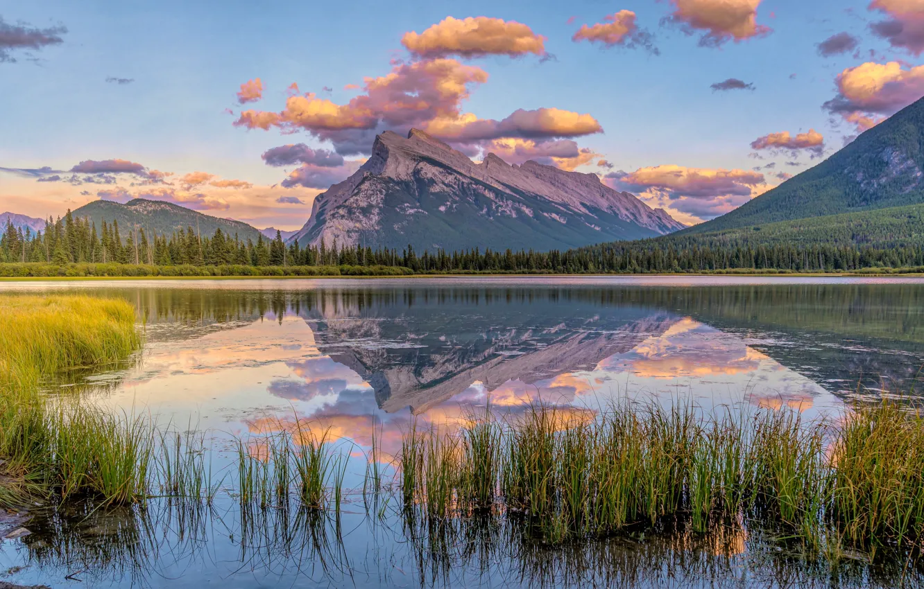 Photo wallpaper sky, clouds, mountain, lake
