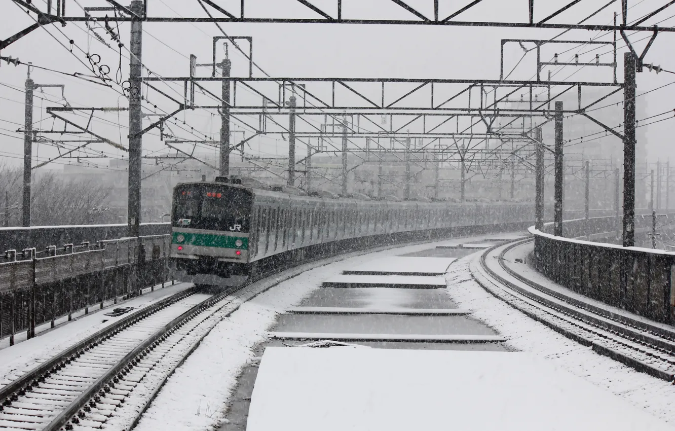Photo wallpaper snow, train, power lines, train