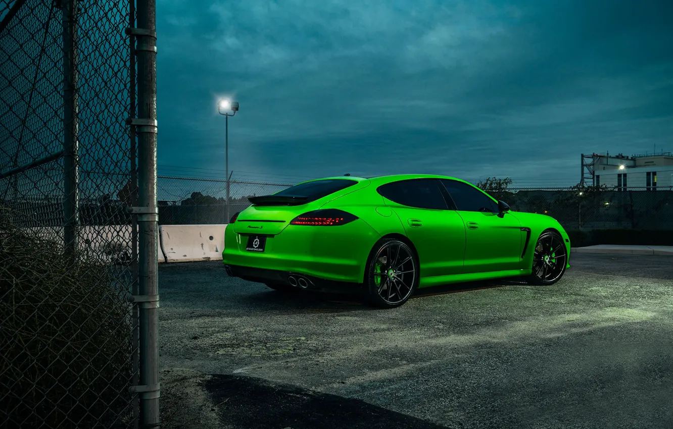 Photo wallpaper Porsche, Panamera, Car, Green, Wheels, Rear, Rides, Tined