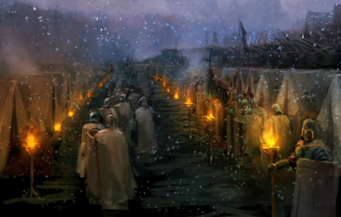 Photo wallpaper snow, night, army, torch, helmet, tent, cloak, the guardian