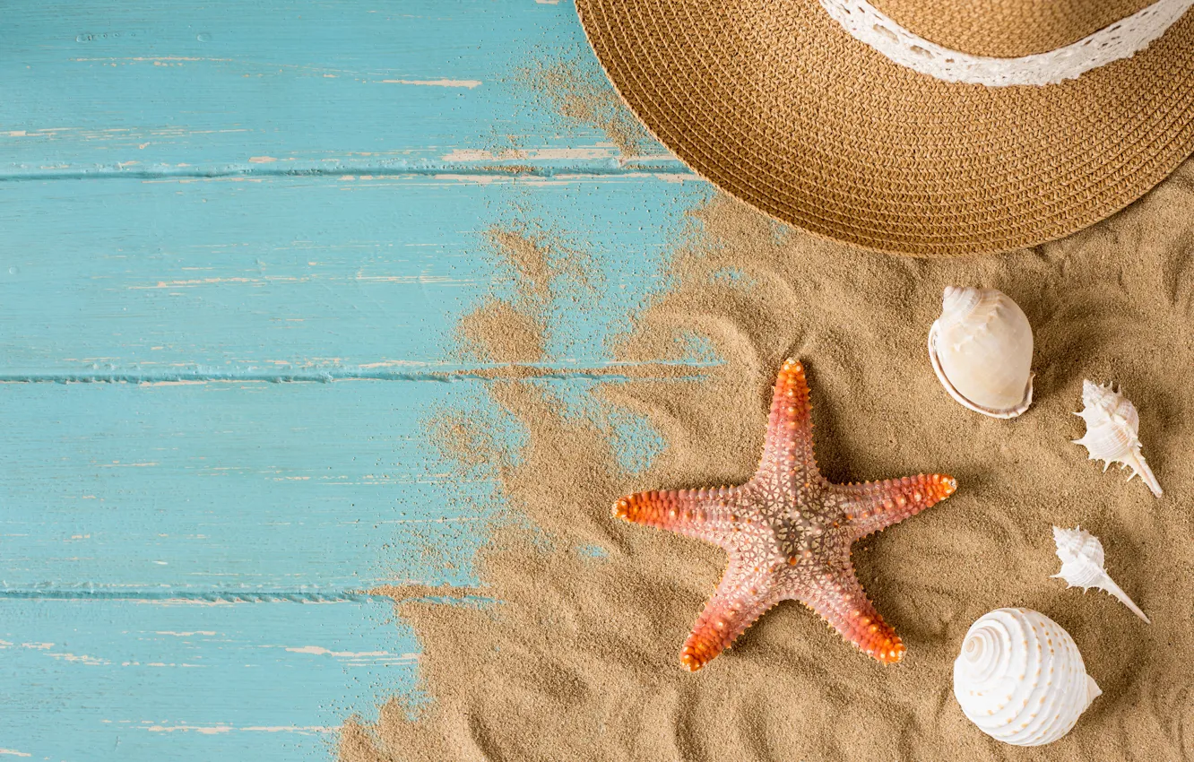 Photo wallpaper sand, beach, summer, stay, star, hat, shell, summer