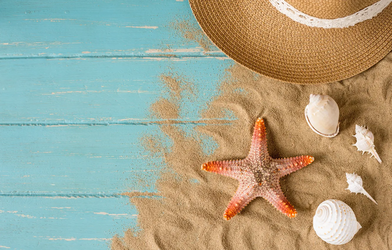 Photo wallpaper sand, beach, summer, stars, stay, hat, shell, summer