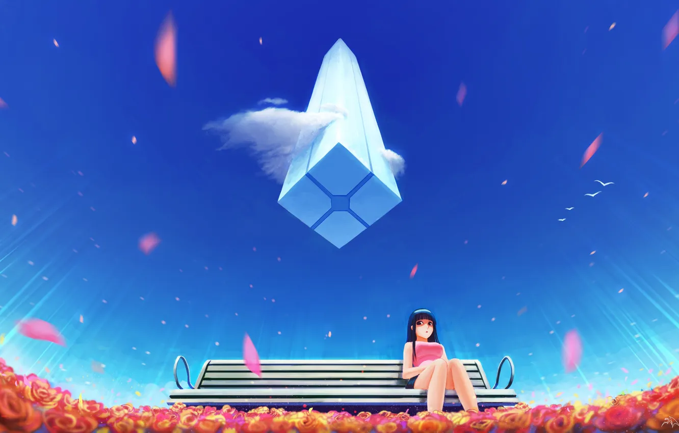 Photo wallpaper look, girl, flowers, bench, surprise, petals, sitting, art