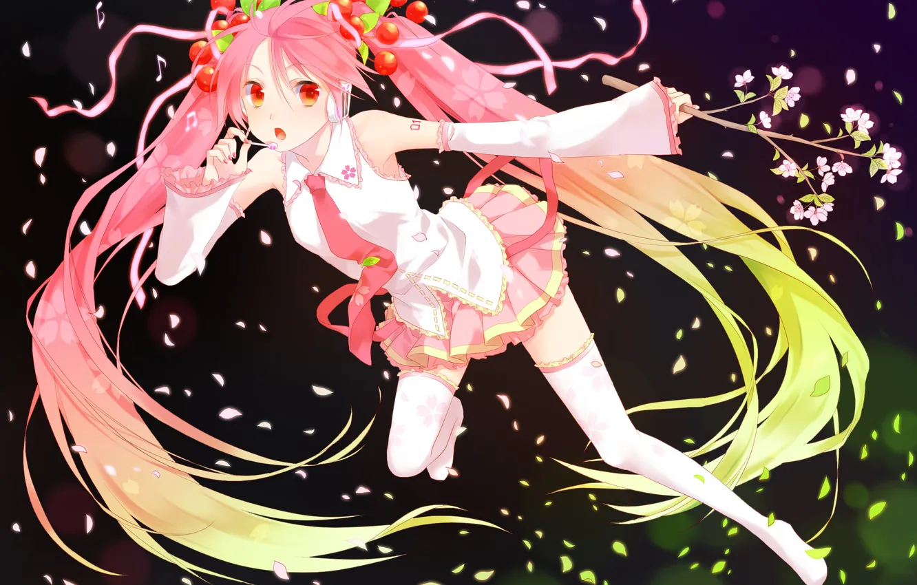 Photo wallpaper look, girl, branch, surprise, microphone, vocaloid, hatsune miku, Vocaloid