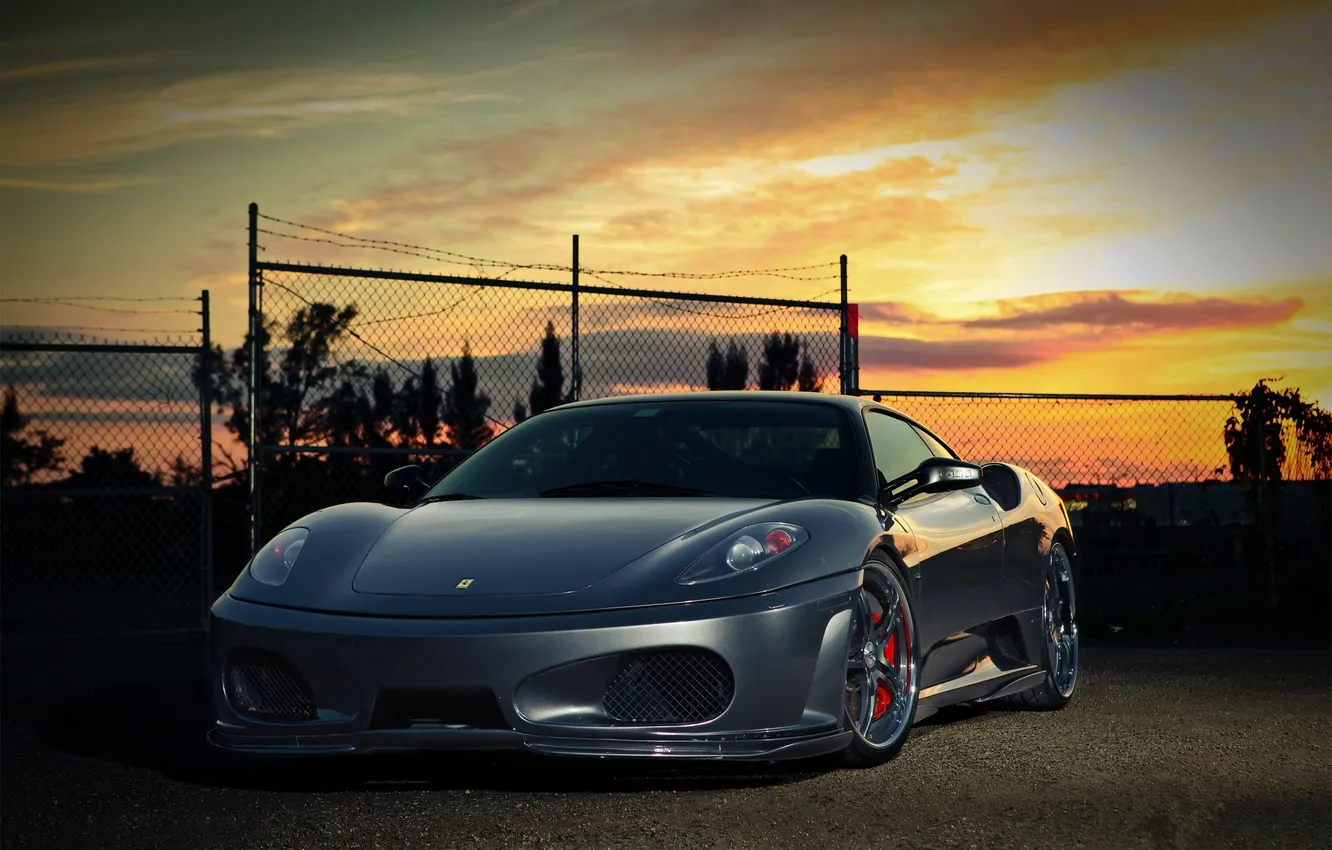 Photo wallpaper trees, sunset, wire, the fence, F430, Ferrari, Ferrari, drives
