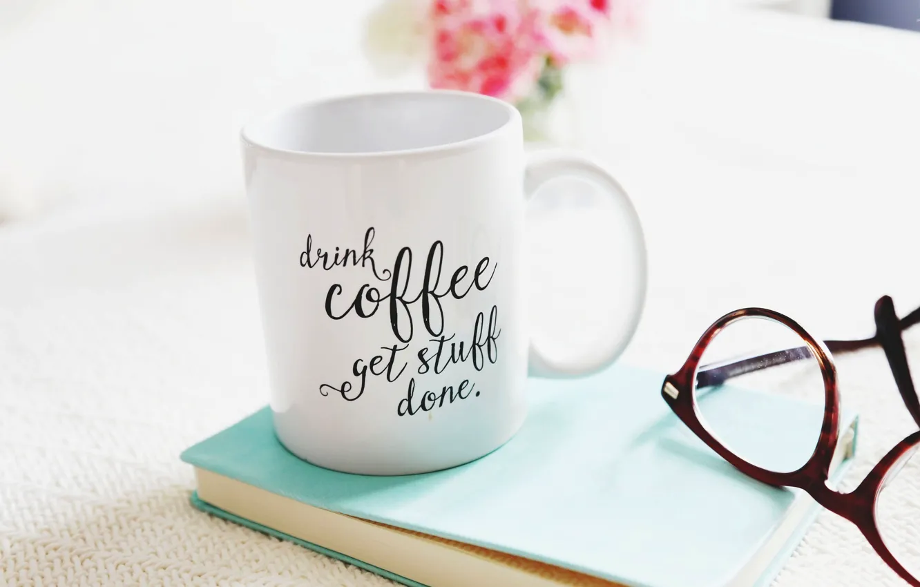 Photo wallpaper flowers, glass, coffee, bouquet, Cup, book, flowers, cup