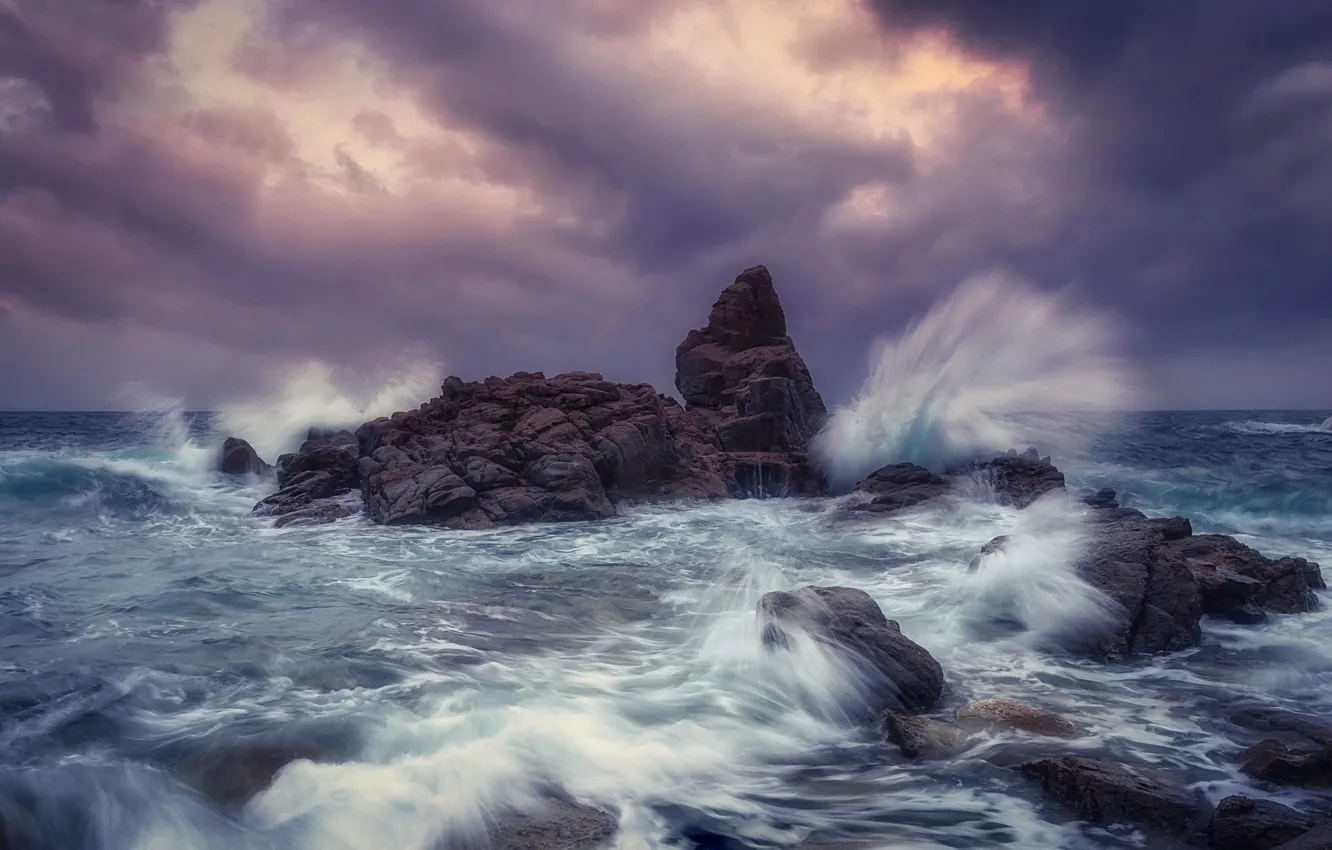 Photo wallpaper sea, wave, stones, rocks, coast, Spain, Costa Brava