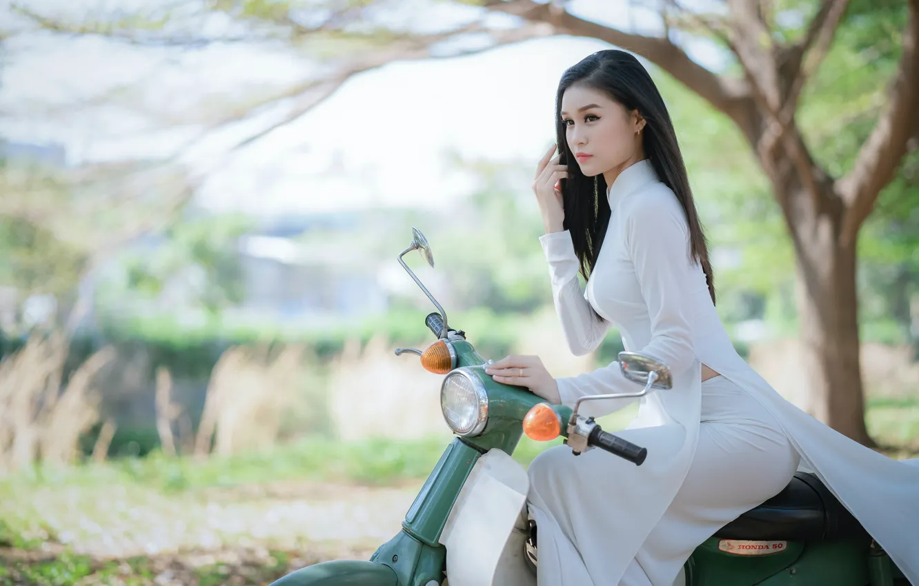 Photo wallpaper girl, nature, moped, Asian, sitting, white dress, bokeh