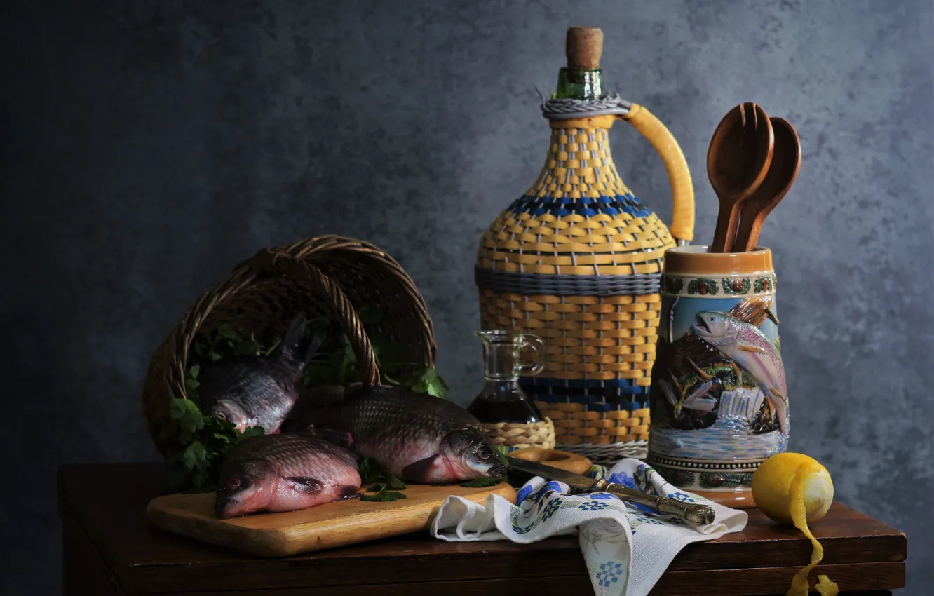 Photo wallpaper table, wine, lemon, bottle, food, fish, spoon, knife