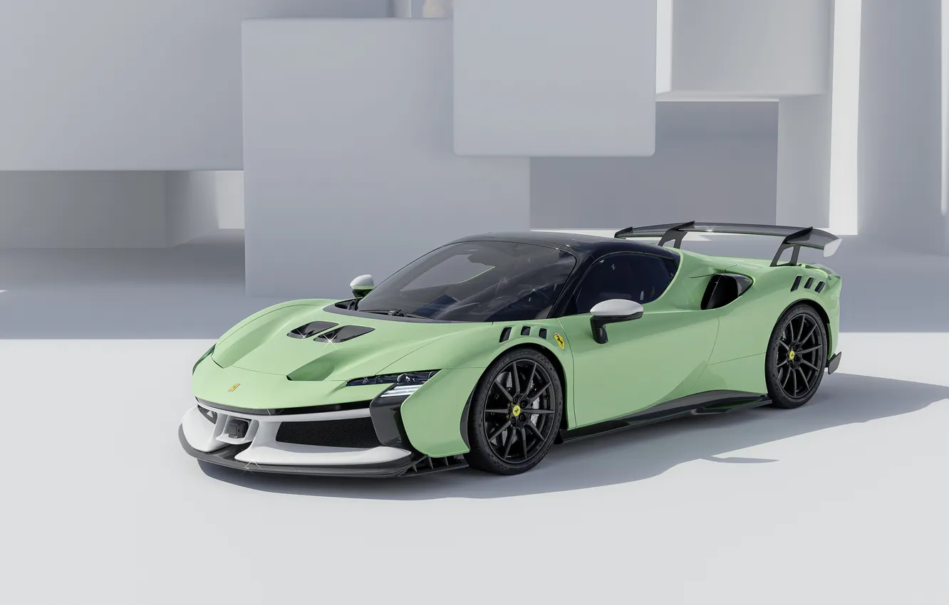 Photo wallpaper green, Ferrari, digital art, supercars, vehicle, CGI, simple background, Ferrari SF90 Road