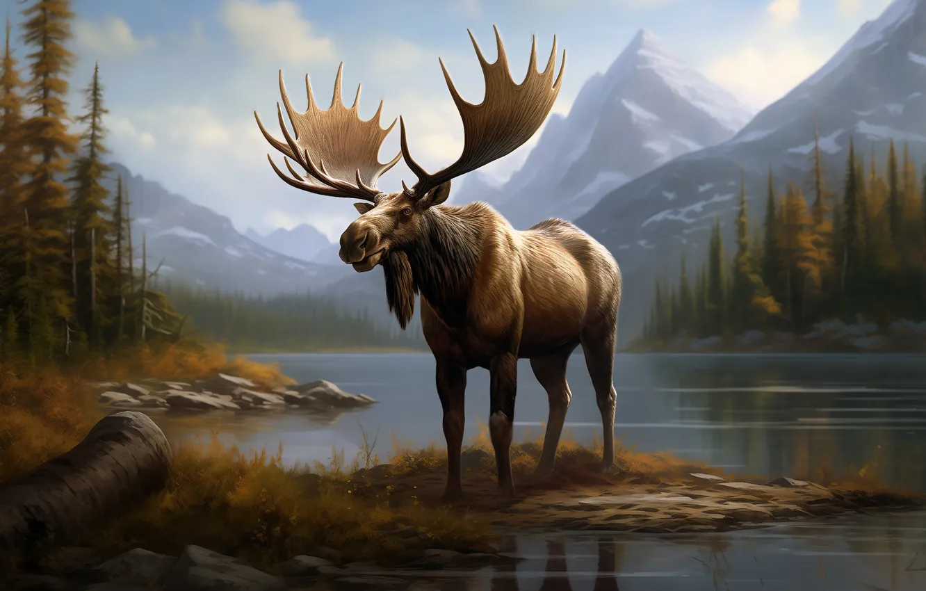 Photo wallpaper autumn, forest, clouds, mountains, nature, fog, shore, haze