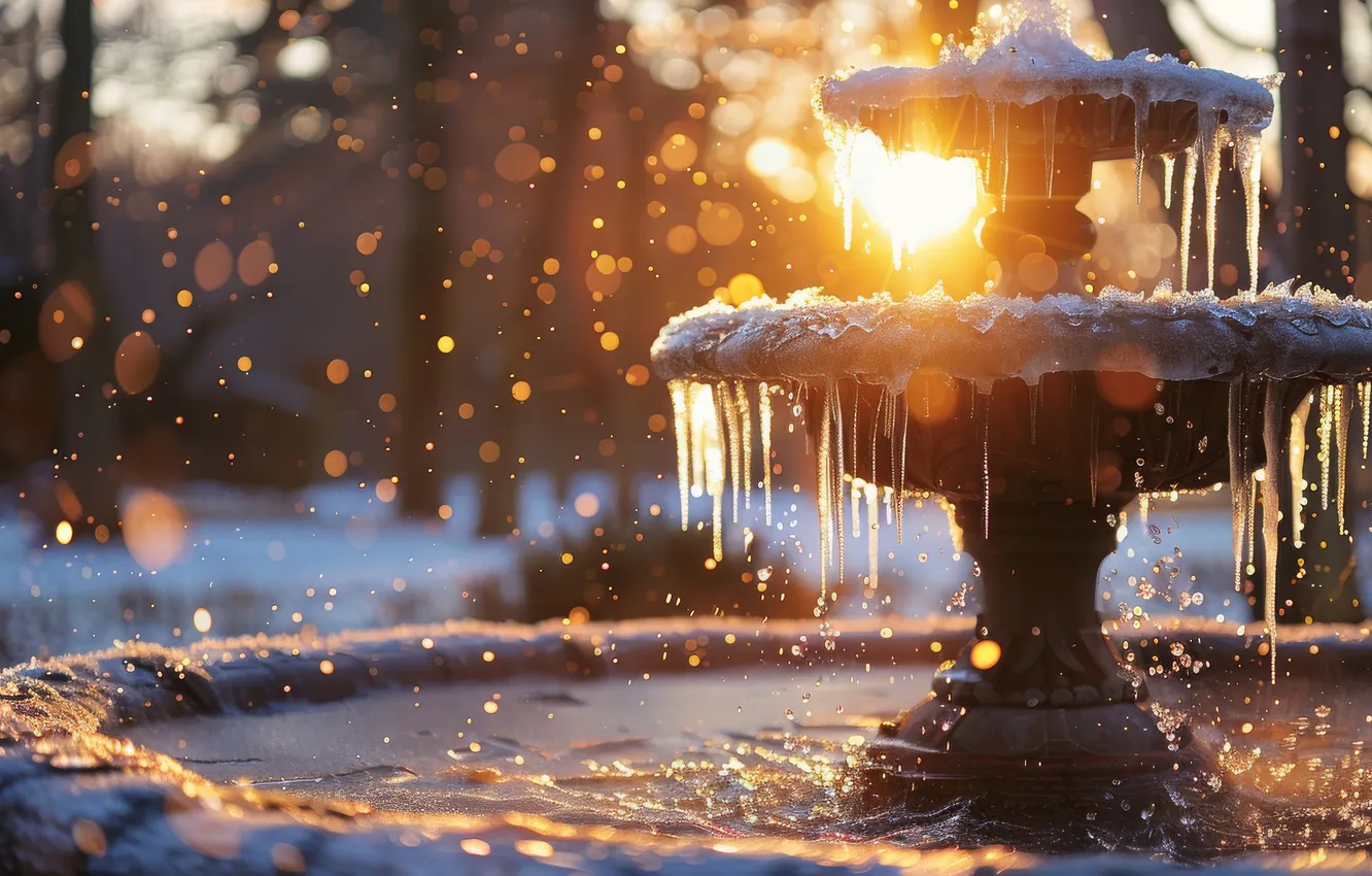 Photo wallpaper ice, winter, the sun, rays, light, snow, sunset, Park