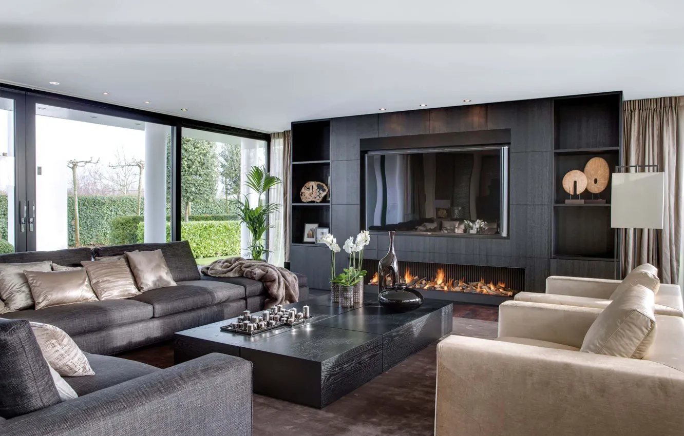 Photo wallpaper Villa, interior, fireplace, living room, Villa in Amsterdam