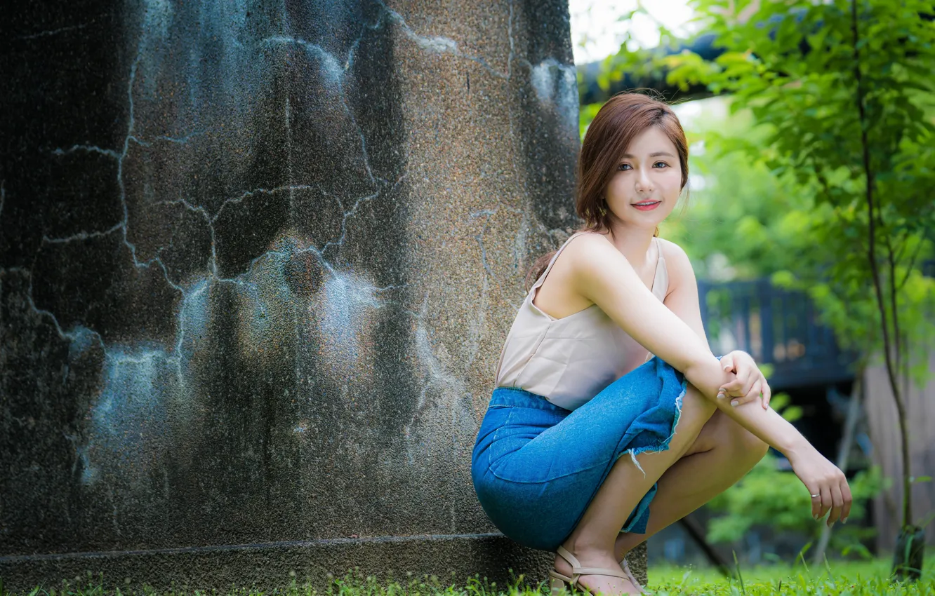 Photo wallpaper look, girl, sweetheart, skirt, Mike, Asian, sitting