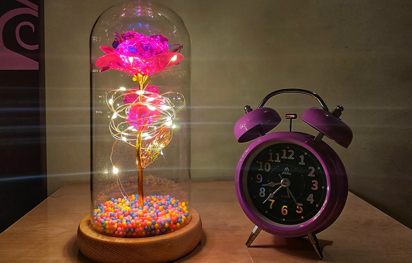 Photo wallpaper light, lamp, clock, table clock