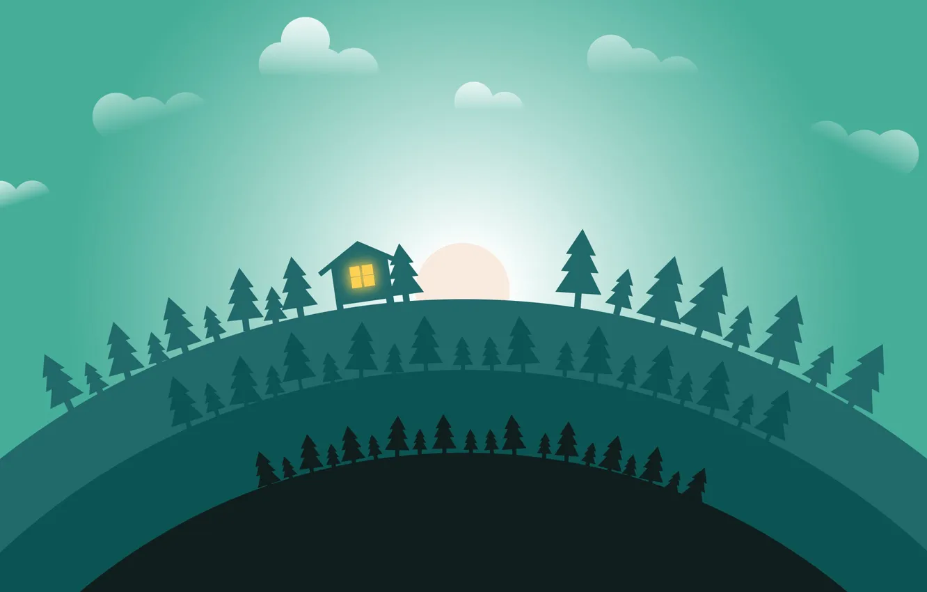 Photo wallpaper forest, the sun, dawn, tree, home, minimalism, landscape, Concept Art